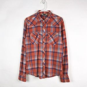 Salt Valley Orange Blue Plaid Pearl Snap Shirt MED